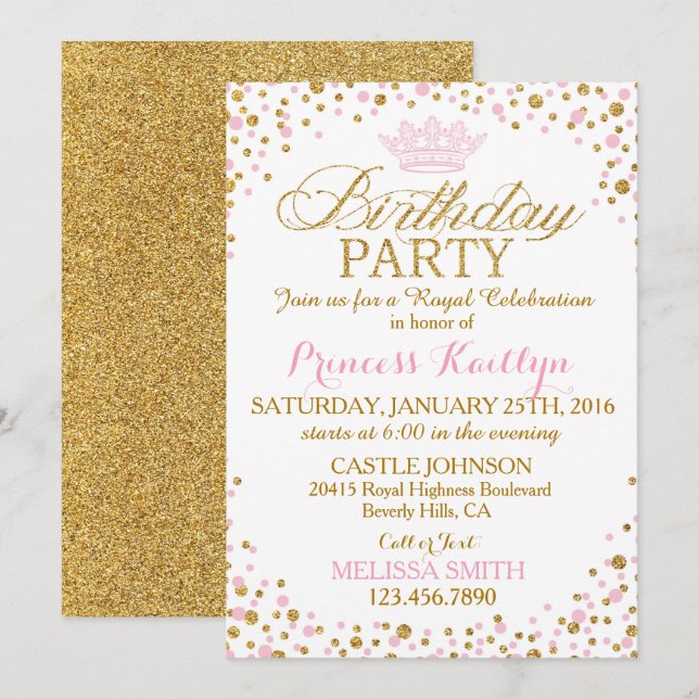 Princess Sparkle Pink and Gold Glitter Birthday Invitation (Front/Back)