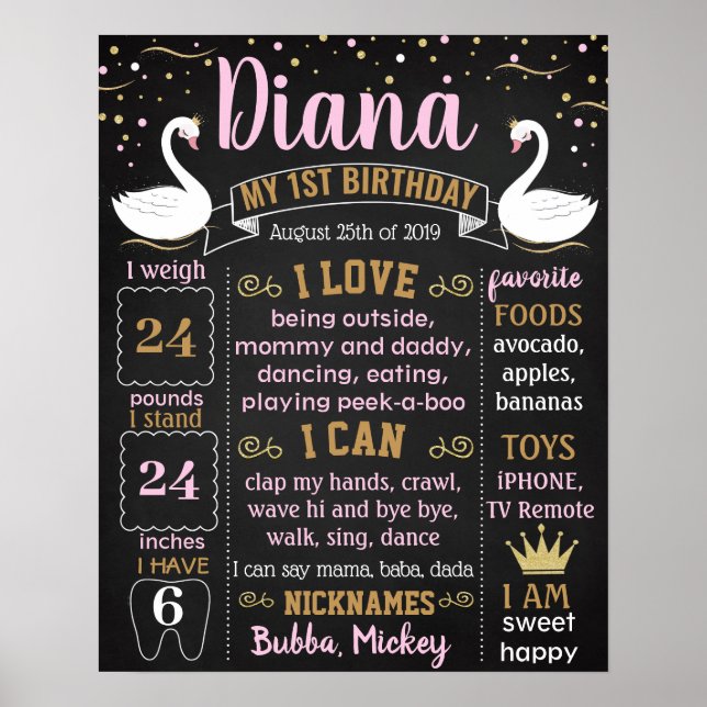 Princess Swan First birthday chalkboard sign (Front)