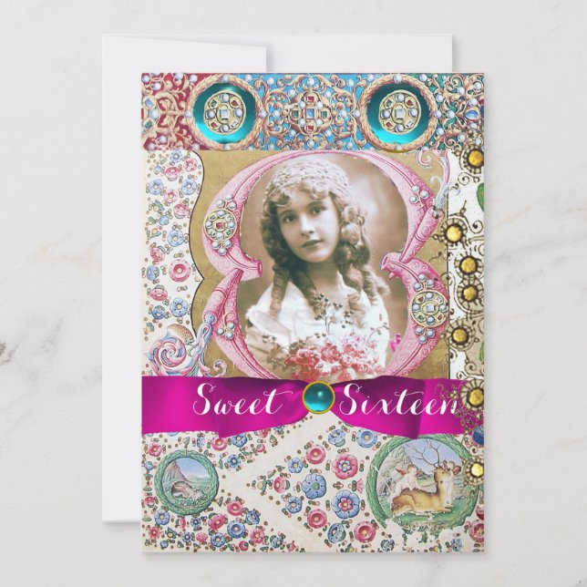 PRINCESS SWEET 16 BIRTHDAY PARTY ,FLORAL GEMSTONES INVITATION (Front)