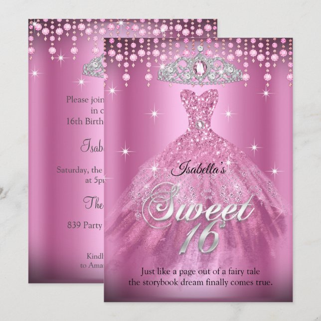 Princess Sweet 16 Birthday Pink Dress Tiara  Invitation (Front/Back)