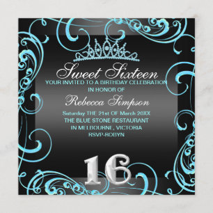 Princess Sweet 16 Blue & Black Birthday Invite