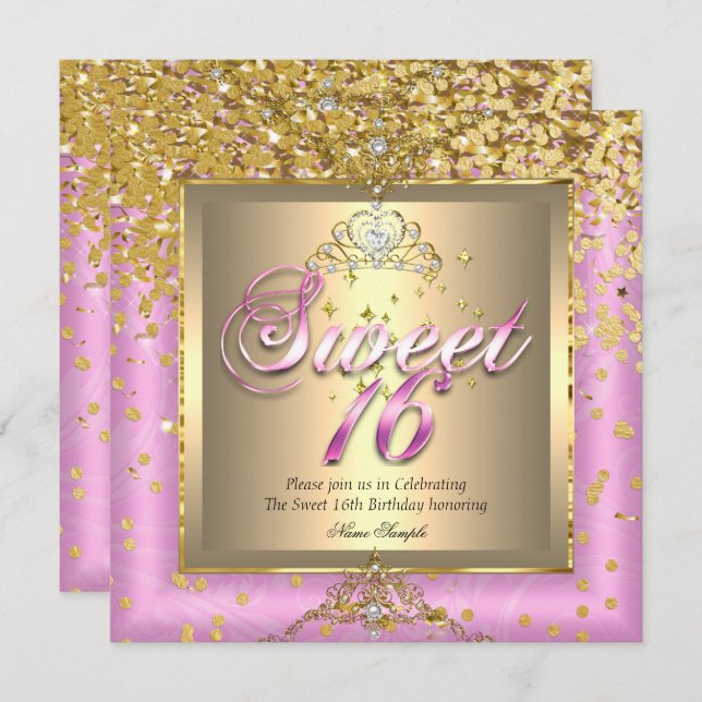 Princess Sweet 16 Gold Pink Birthday Party Invitation (Front/Back)