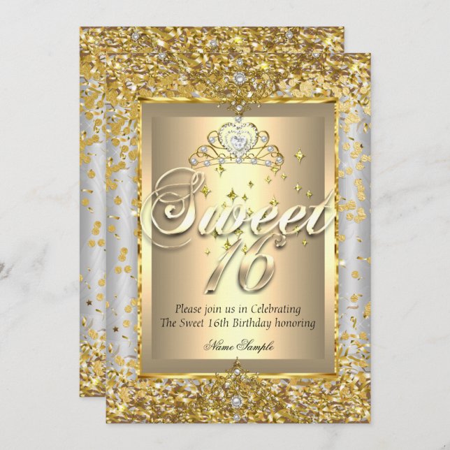 Princess Sweet 16 Gold Silver Grey Party Invitation (Front/Back)