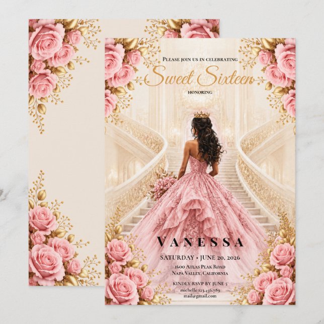 Princess sweet 16 Pink and Gold Invitation (Front/Back)