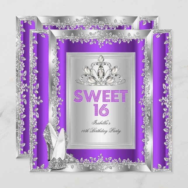 Princess Sweet 16 Purple Silver Shoes Invitation (Front/Back)