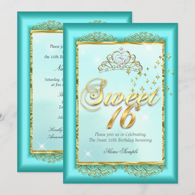Princess Sweet 16 Teal Blue Gold Birthday Party Invitation (Front/Back)