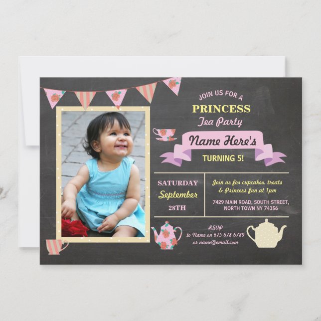 Princess Tea Party Chalk Pink Birthday Invite (Front)