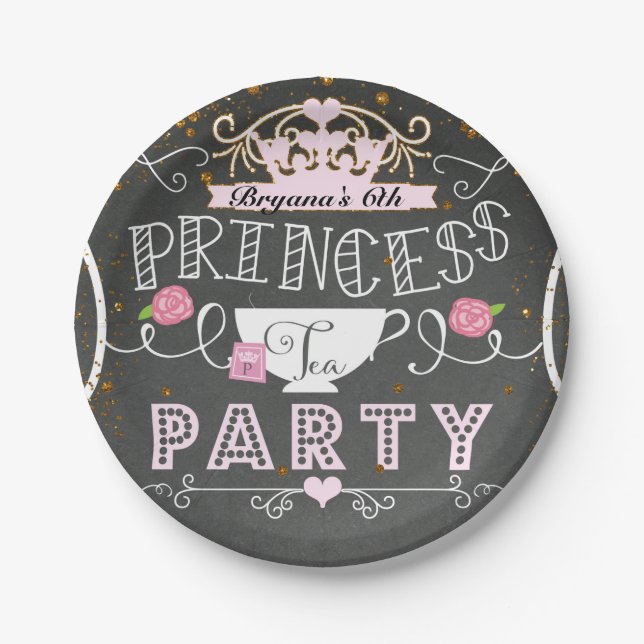 Princess Tea Party Chalkboard Birthday Paper Plate (Front)