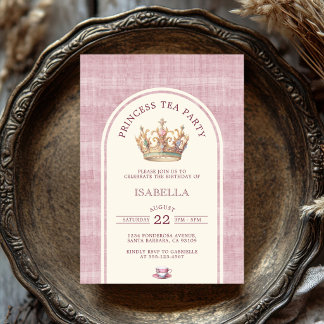 Princess Tea Party Vintage Pink Linen Arched Invitation