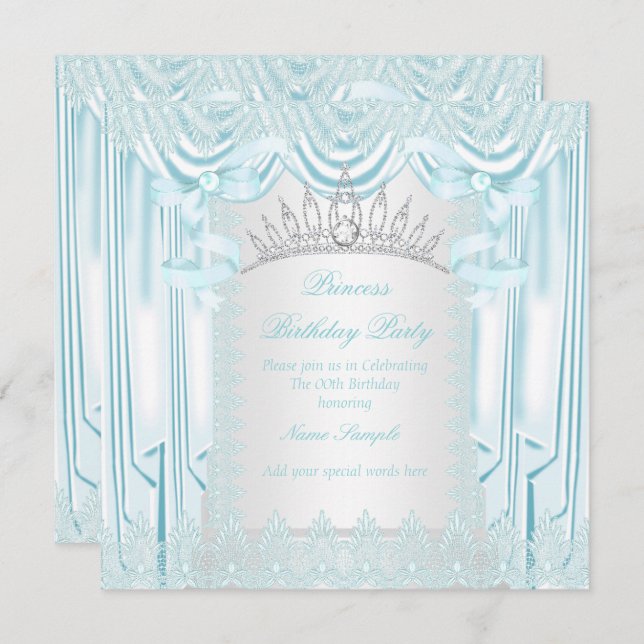 Princess Teal Lace Tiara White Birthday Party Invitation (Front/Back)