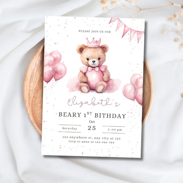 Princess Teddy Bear Beary 1st Birthday Pink Girls Invitation (Creator Uploaded)