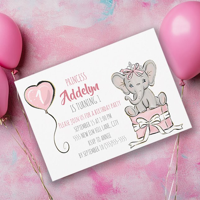 Princess Tiara Elephant Pink Balloon 1st Birthday Invitation (Baby elephant little girl's 1st birthday party invitation formatted horizontally)
