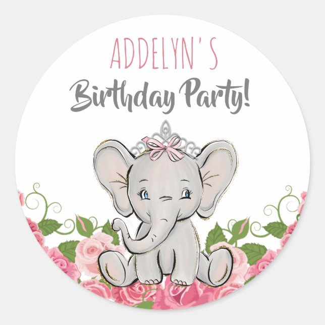 Princess Tiara Elephant Pink Flowers Birthday Classic Round Sticker (Front)