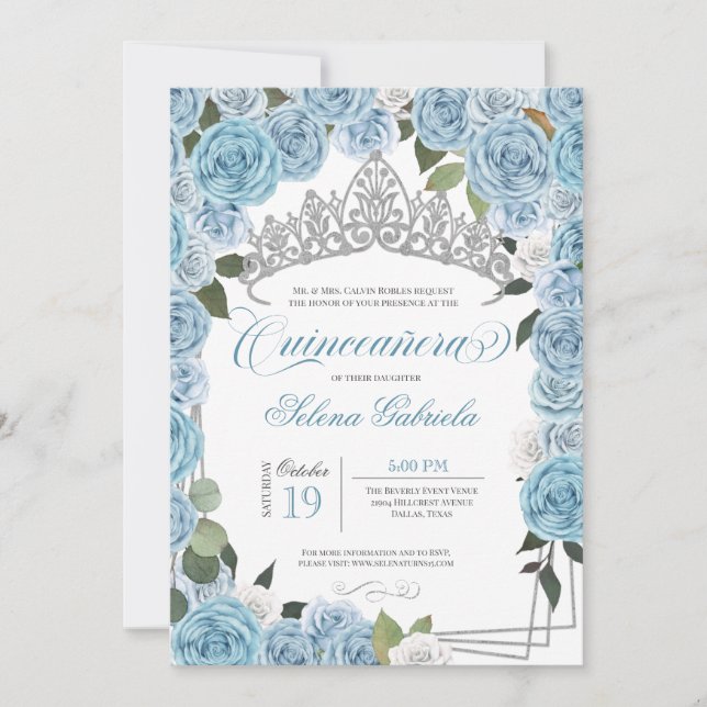 Princess Tiara Light Blue Roses V2 Quinceanera Invitation (Front)