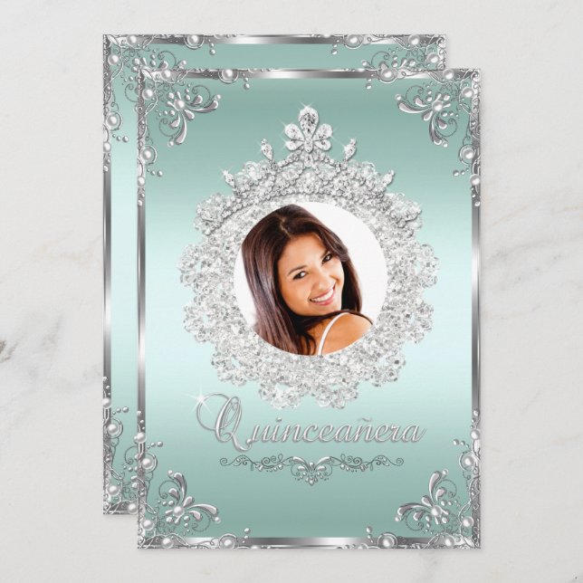 Princess Tiara Mint Silver Sparkle Quinceanera Invitation (Front/Back)