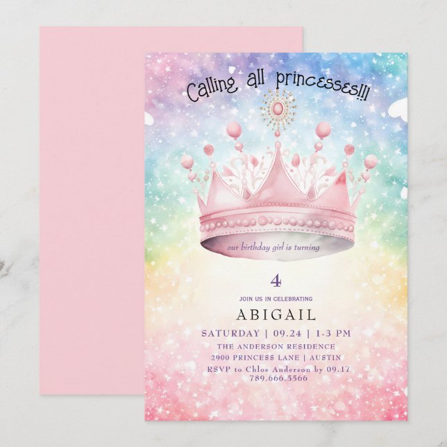 Princess Tiara Pink Colourful Girl Birthday Party Invitation (Front/Back)