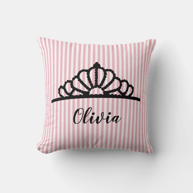 Princess Tiara Pink Stripe Personalised Pillow (Front)