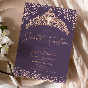 Princess tiara rose gold glitter photo Sweet 16 Invitation