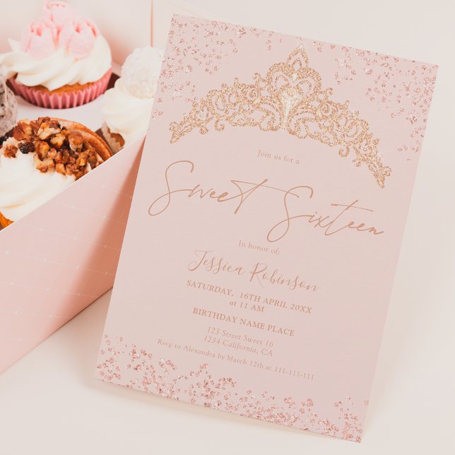 Princess tiara rose gold glitter photo Sweet 16 Invitation (Creator Uploaded)