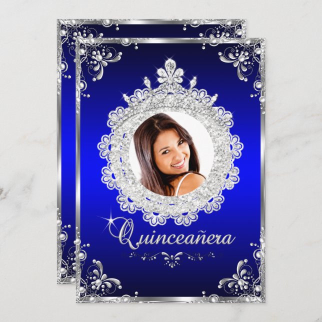 Princess Tiara Royal Blue Sparkle Quinceanera Invitation (Front/Back)