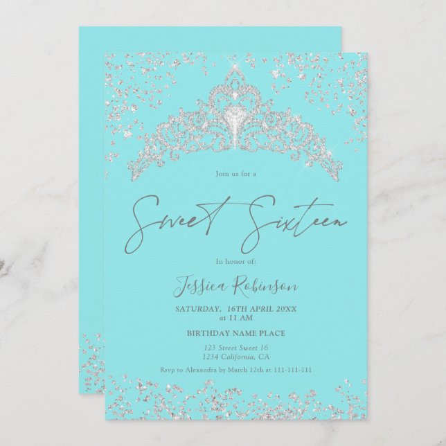 Princess tiara silver glitter navy photo Sweet 16 Invitation (Front/Back)