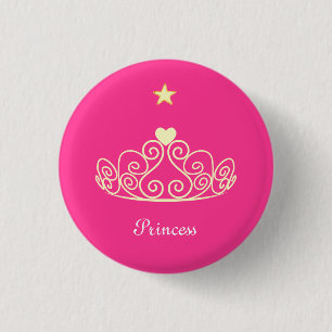 Princess tiara, star & calligraphy on pink 3 cm round badge