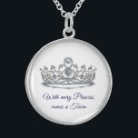 Princess Tiara  Sterling Silver Necklace<br><div class="desc">This charming,  sterling silver necklace is shown in a sparkling crystal tiara with blue colour text.
Medium size shown.
Customise this item and change the photo and sample text with yours if you like or buy as shown.
Customise with this template.


Licensed Image</div>
