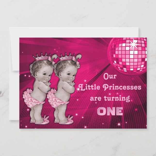 Princess Twins Pink Disco Ball 1st Birthday Invitation (Front)