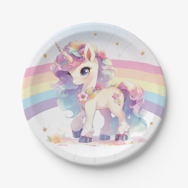 Princess Unicorn 1st Birthday Party Rainbow Paper Plate (Front)