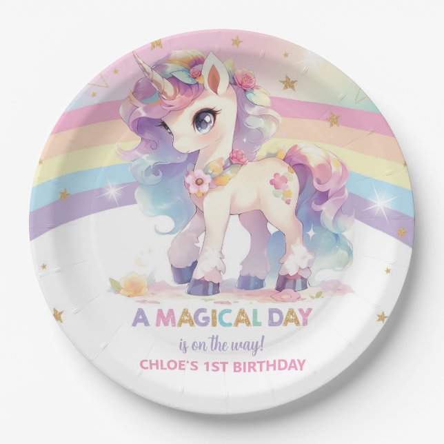 Princess Unicorn 1st Birthday Party Rainbow Paper Plate (Front)