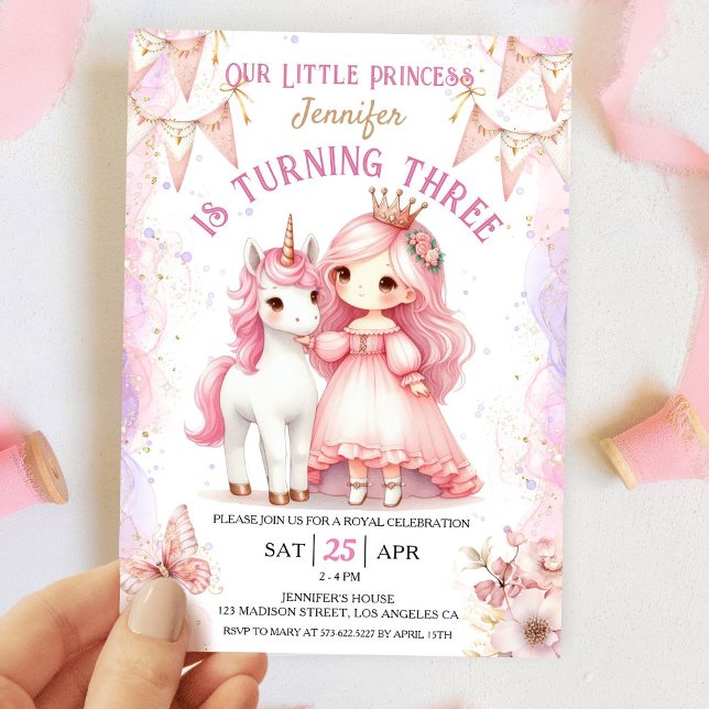 Princess Unicorn 3rd Birthday Girl Pink  Invitation (Creator Uploaded)