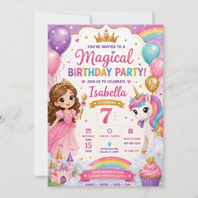 Princess Unicorn Birthday Party Invitation | Magic (Front)