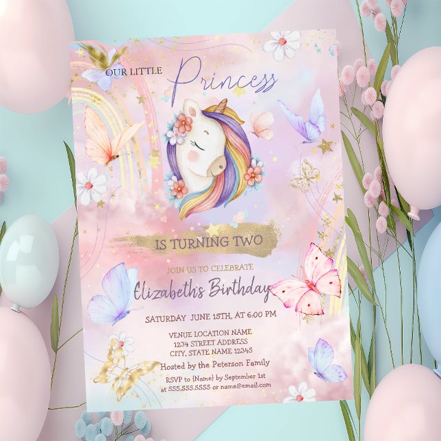 Princess Unicorn Butterfly Rainbow Birthday  Invitation (Creator Uploaded)
