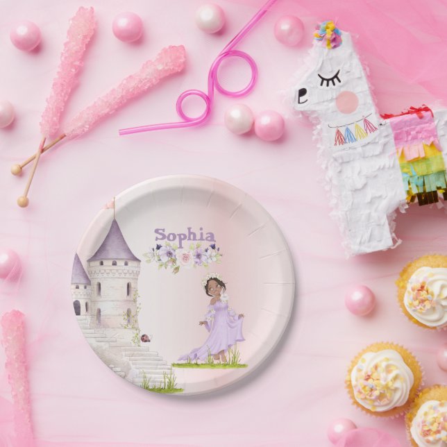 Princess Unicorn Dark Hair Purple Cute Birthday  Paper Plate (Party)