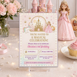Princess Unicorn Gold Castle 3rd Birthday Party Invitation