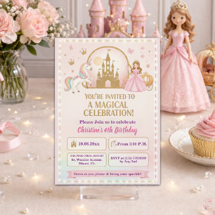 Princess Unicorn Gold Castle 4th Birthday Party Invitation