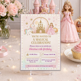 Princess Unicorn Gold Castle 8th Birthday Party Invitation