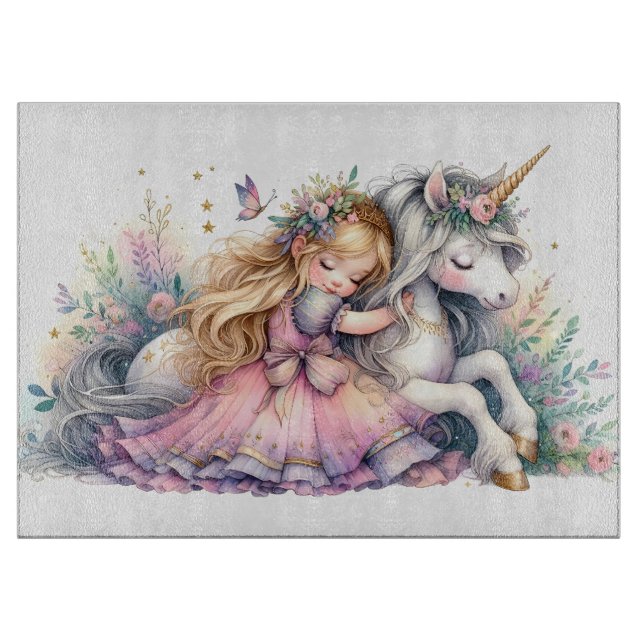 Princess Unicorn Pastel Fairytale Fantasy Cutting Board (Front)