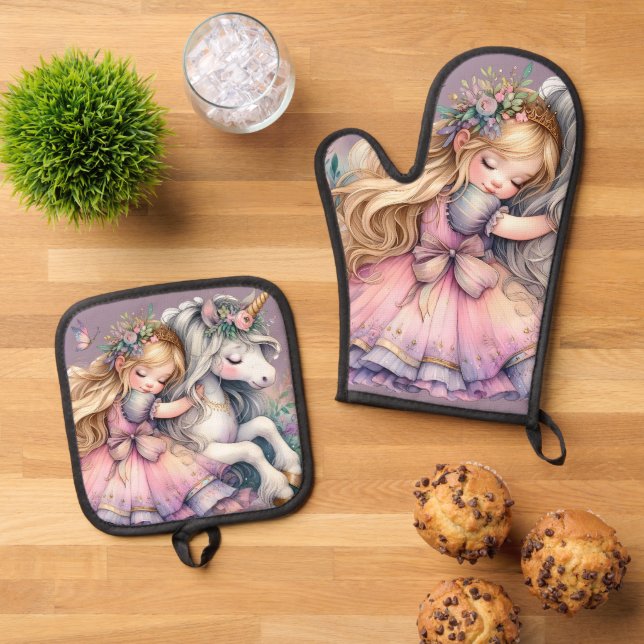 Princess Unicorn Pastel Fairytale Fantasy Lavender Oven Mitt & Pot Holder Set (Top Down)