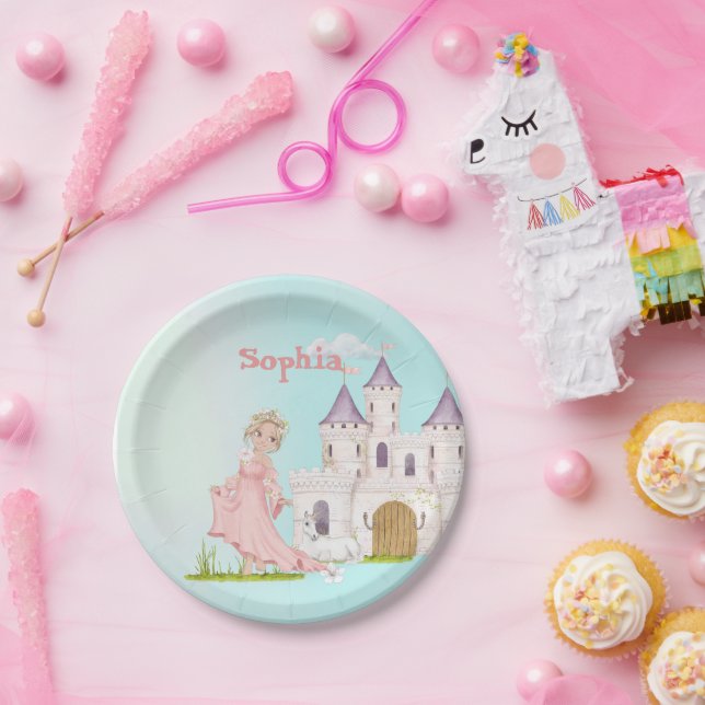 Princess Unicorn Pink Blue Castle Cute Birthday Paper Plate (Party)