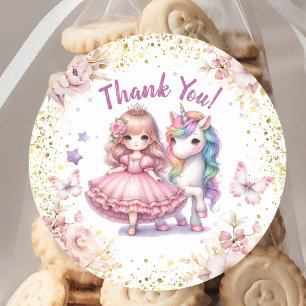 Princess Unicorn Pink Gold Girl Birthday Party Classic Round Sticker