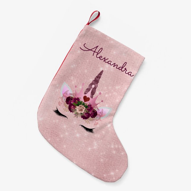 Princess Unicorn Rose Gold - Blush Pink Small Christmas Stocking (Front (Hanging))