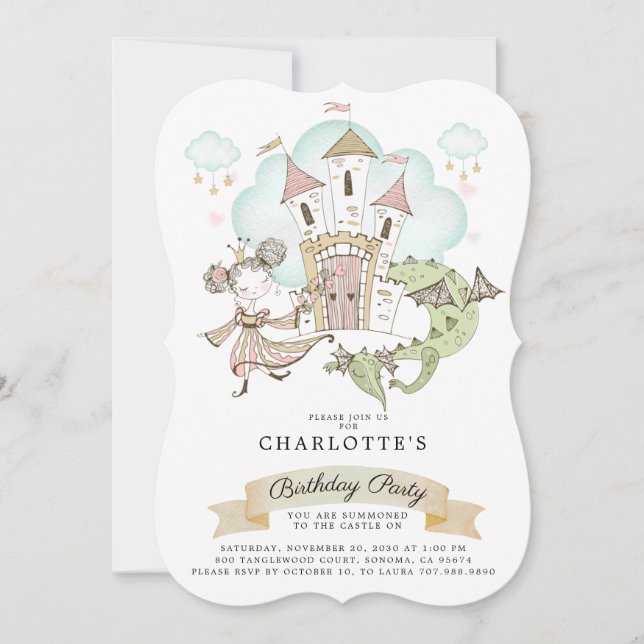 Princess Watercolor Castle Dragon Girl's Birthday  Invitation (Front)