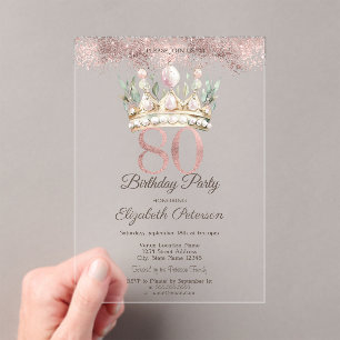 Princess Watercor Crown Floral 80th Birthday  Acrylic Invitations