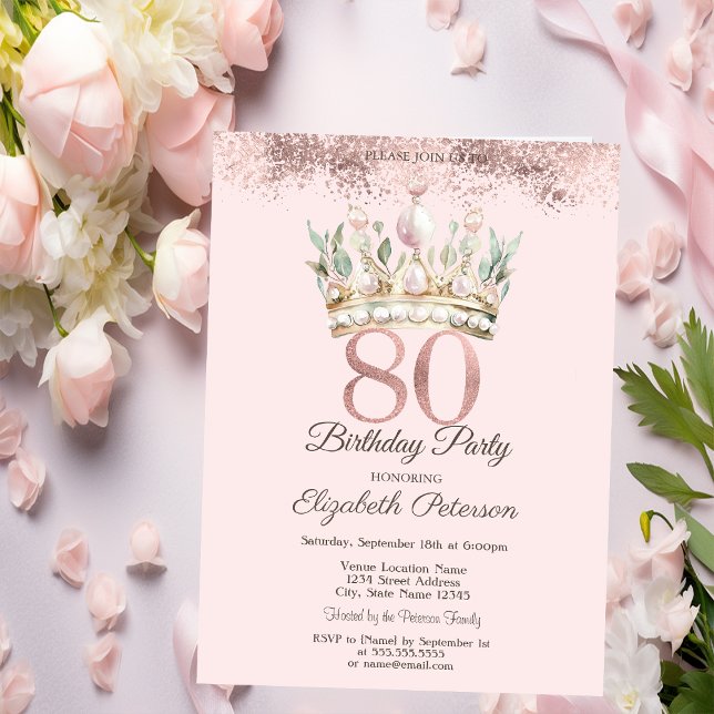 Princess Watercor Crown Floral 80th Birthday  Invitation (Creator Uploaded)