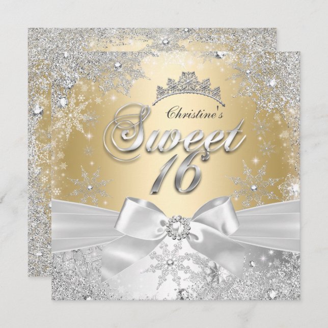 Princess Winter Wonderland Gold Sweet 16 Party Invitation (Front/Back)