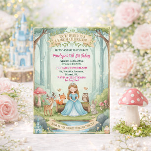 Princess with Forest Animals 5th Birthday Party Invitation