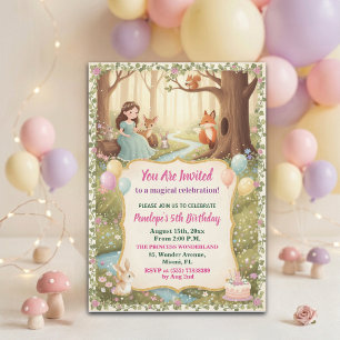 Princess with Forest Animals 5th Birthday Party Invitation
