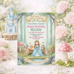 Princess with Forest Animals 7th Birthday Party Invitation