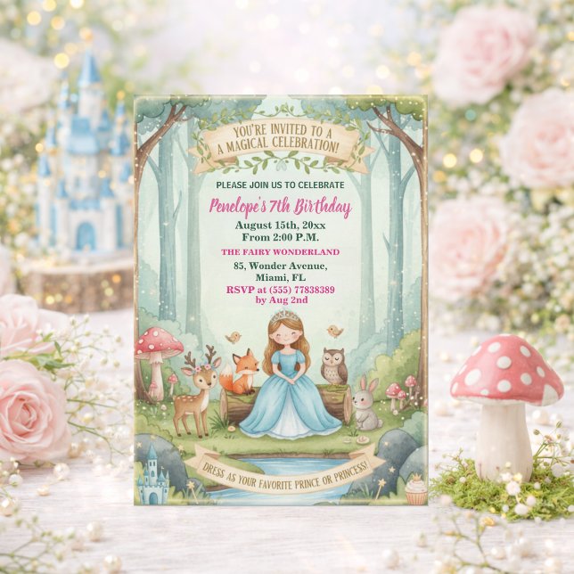 Princess with Forest Animals 7th Birthday Party Invitation (Creator Uploaded)